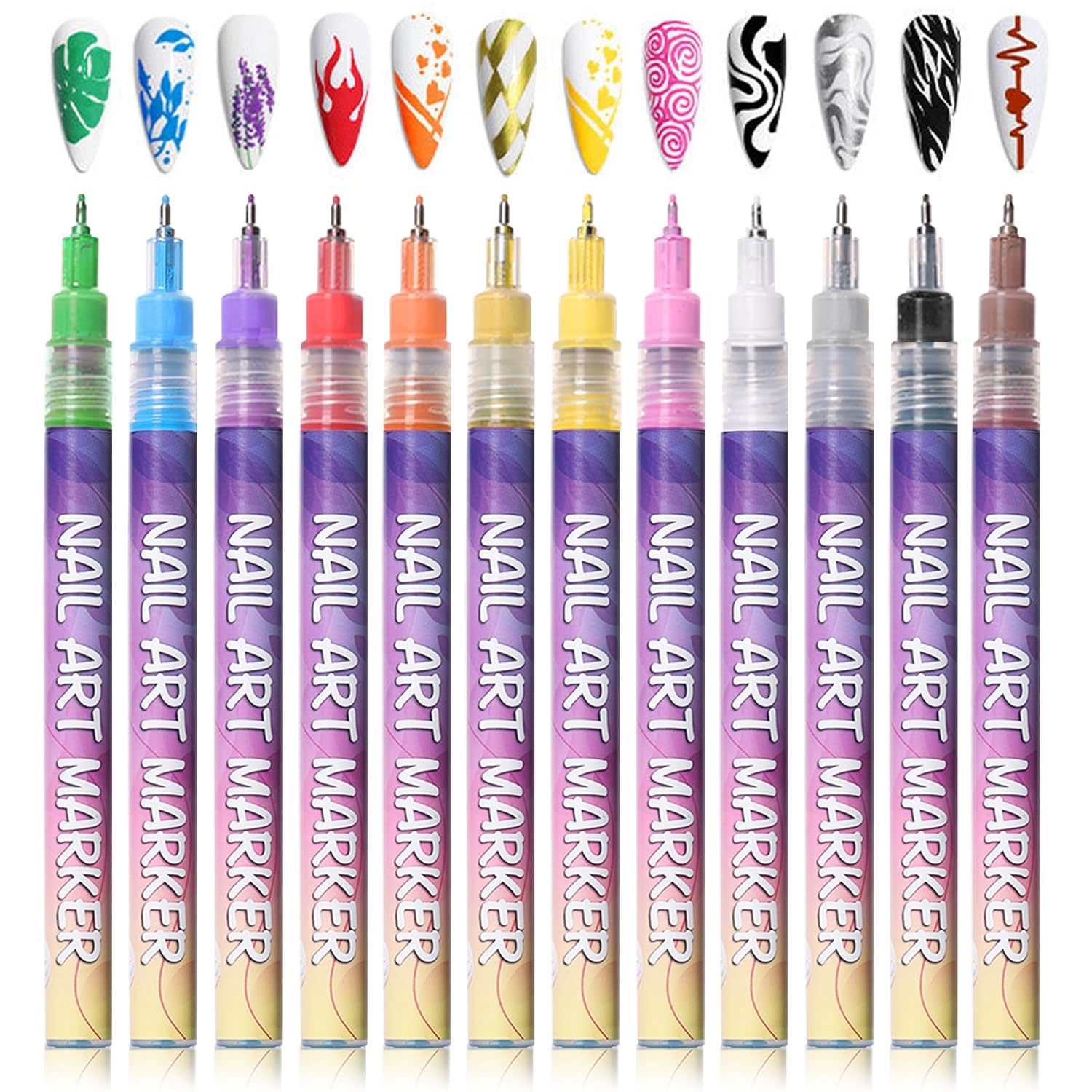 AVOXZ 12-Color Fine Tip Nail Art Pens Set - Waterproof, Quick-Dry