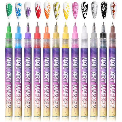AVOXZ 12-Color Fine Tip Nail Art Pens Set - Waterproof, Quick-Dry